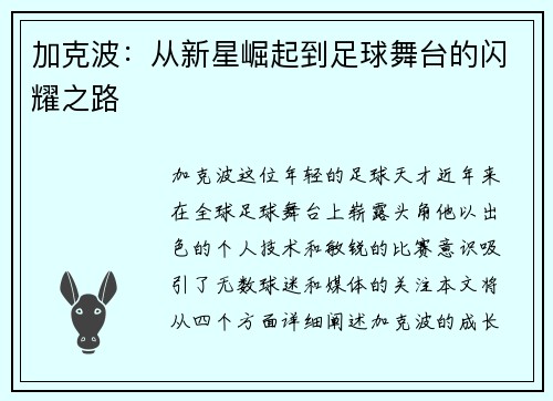 加克波：从新星崛起到足球舞台的闪耀之路